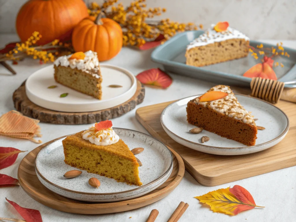 Porciones de bizcocho de calabaza en platos distintos, representando versiones clásica, sin gluten y vegana