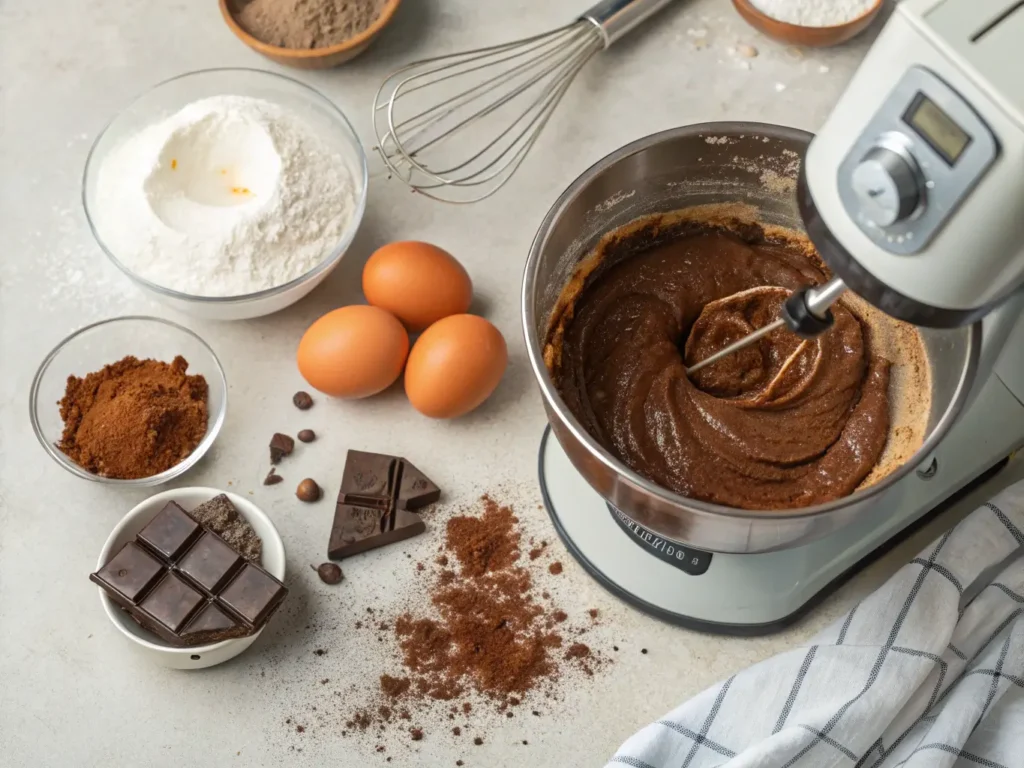 Masa de bizcocho de chocolate siendo mezclada en Thermomix vista desde arriba