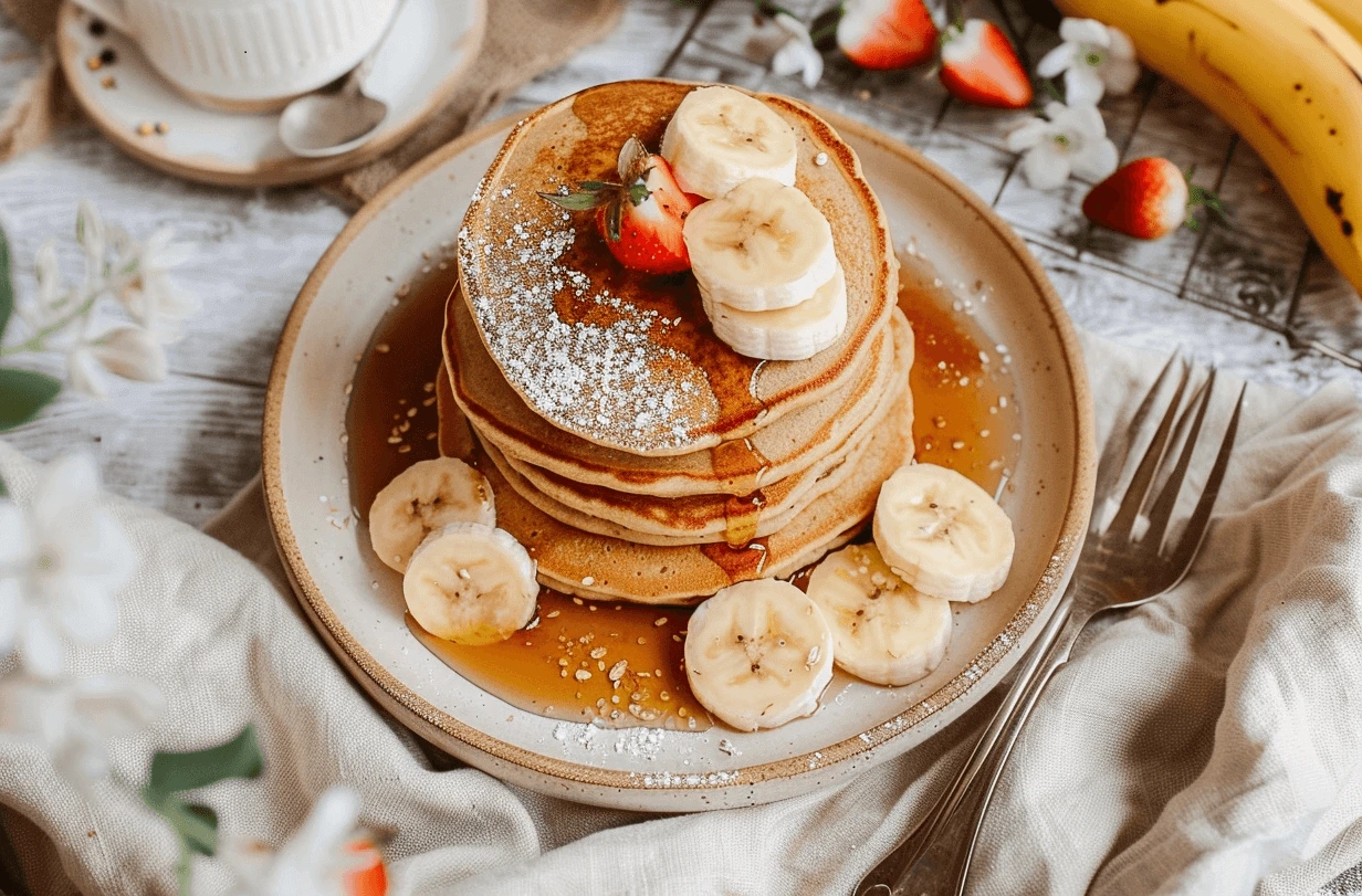 Tortitas de avena y plátano con rodajas de banana y fresa, bañadas en jarabe.