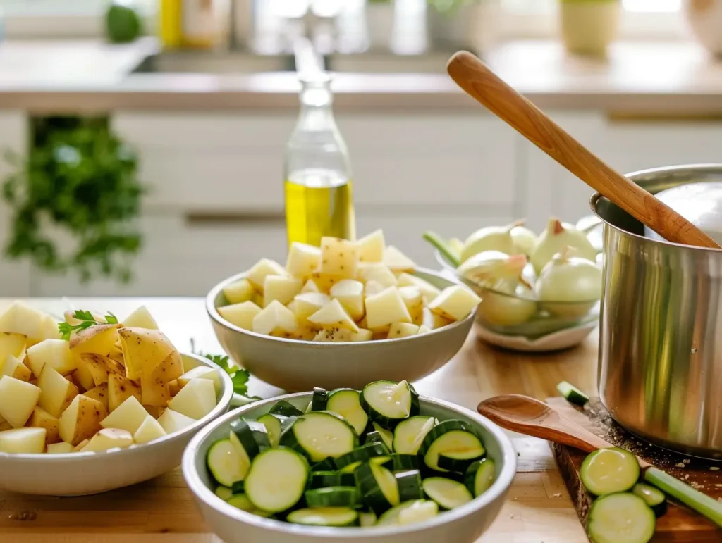 Ingredientes preparados para hacer puré: calabacín, patatas y cebolla