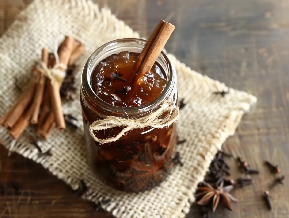 Frasco de mermelada de calabaza casera con canela y clavo sobre una mesa rústica