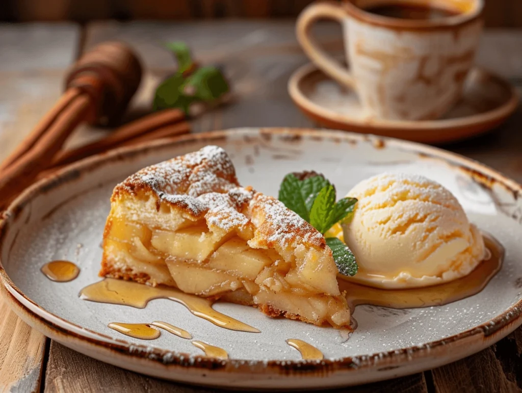 Porción de bizcocho de manzana servida con helado de vainilla, canela y café