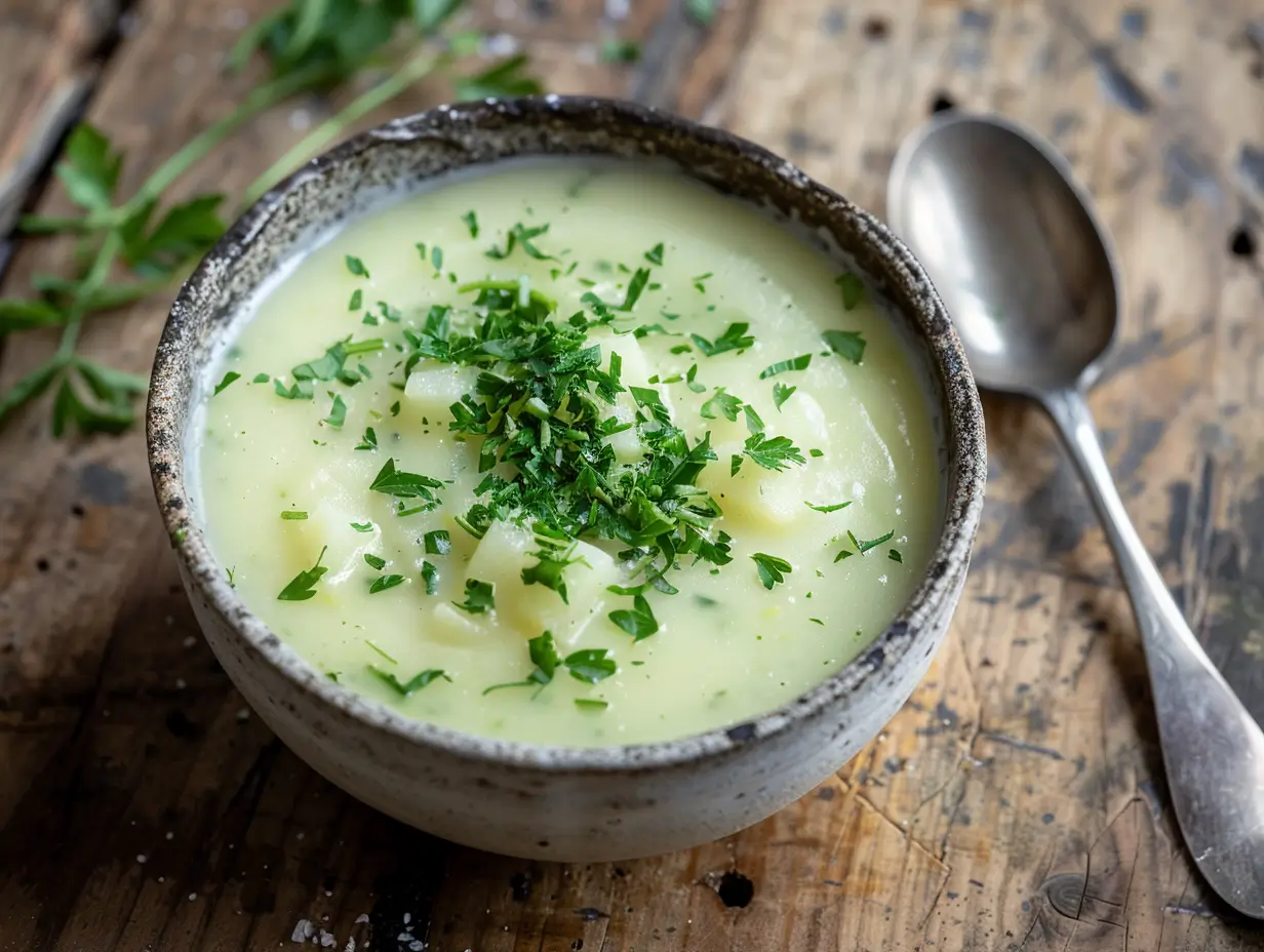 Receta pure de calabacín y patata cremoso servido en un bol rústico con perejil