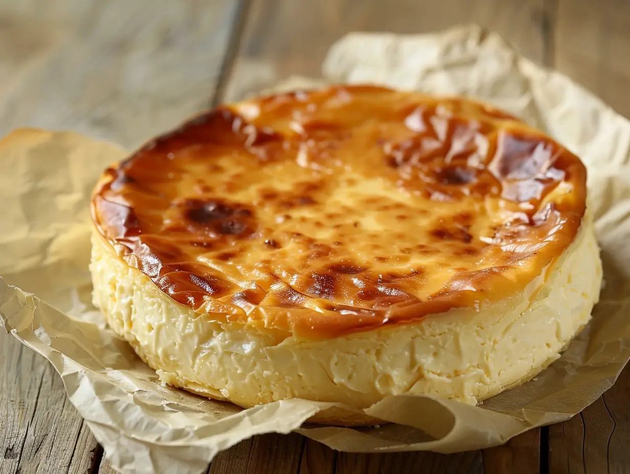 Tarta de queso La Viña horneada con superficie dorada y textura cremosa