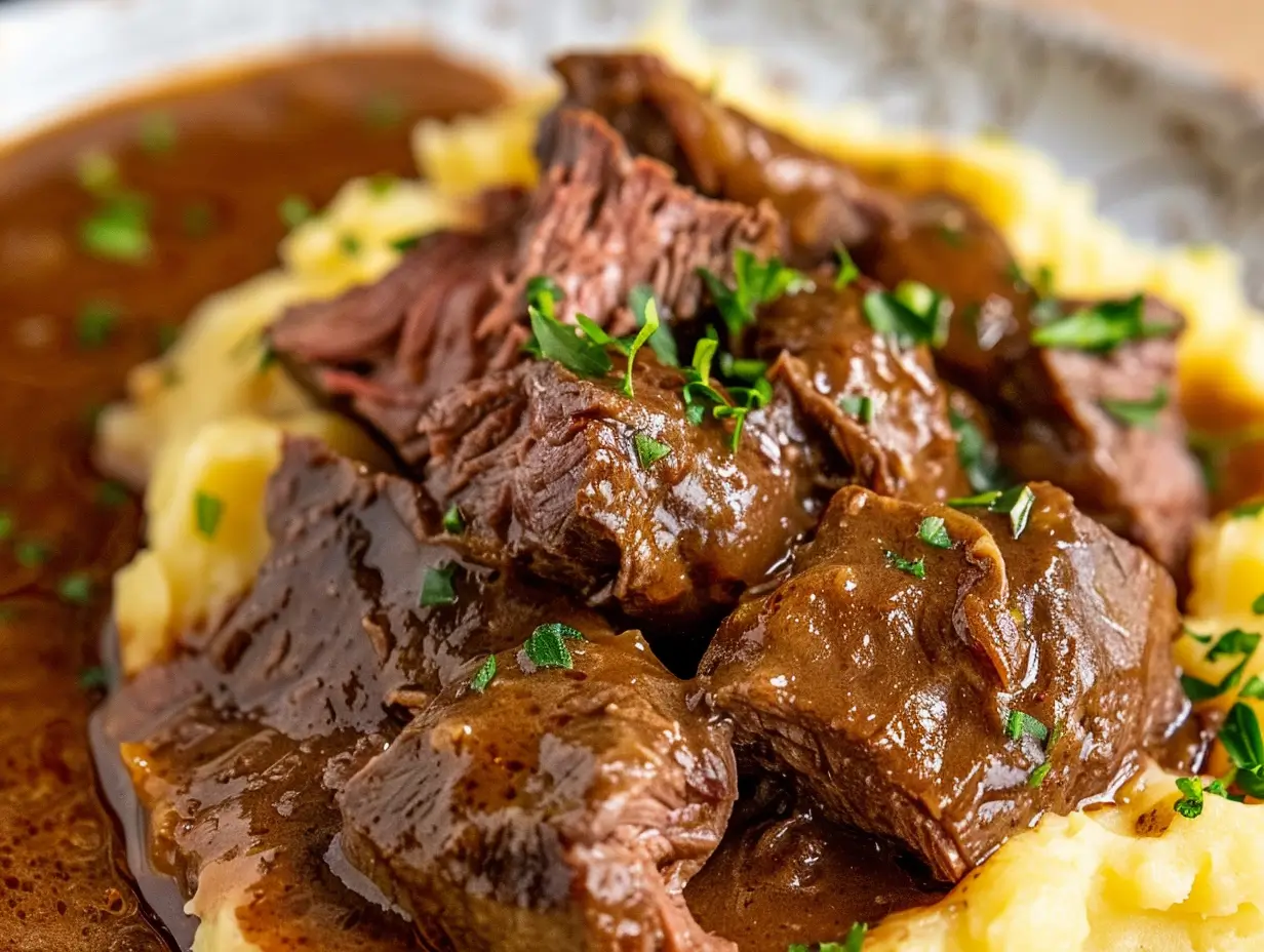 Carrillera de ternera sin vino servida con puré de patatas en plato rústico