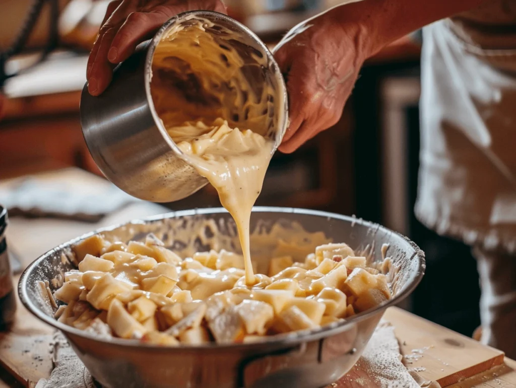 Masa de bizcocho de manzana siendo vertida en un molde redondo con ayuda de Thermomix