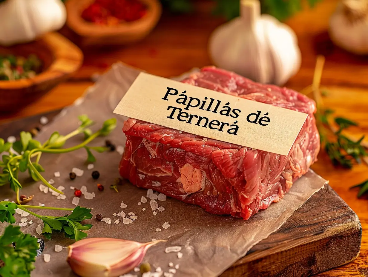 Corte de carne babilla de ternera crudo en una tabla de madera con hierbas frescas como ajo y romero