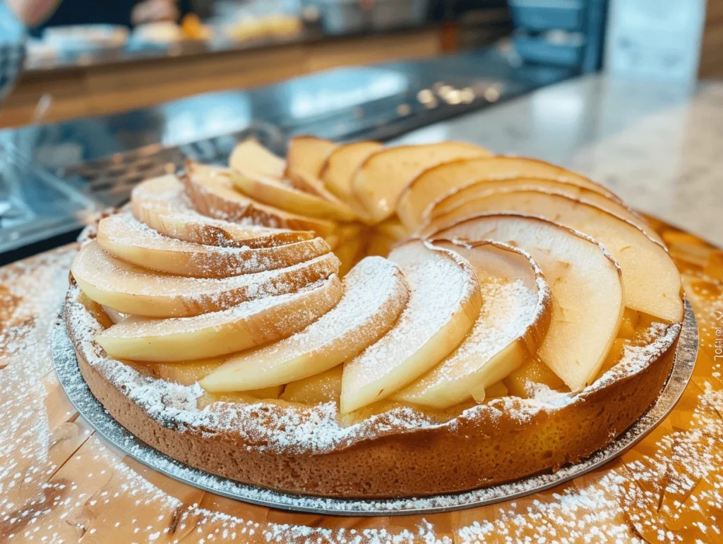 Bizcocho de manzana casero recién horneado con rodajas de manzana en espiral y azúcar glas