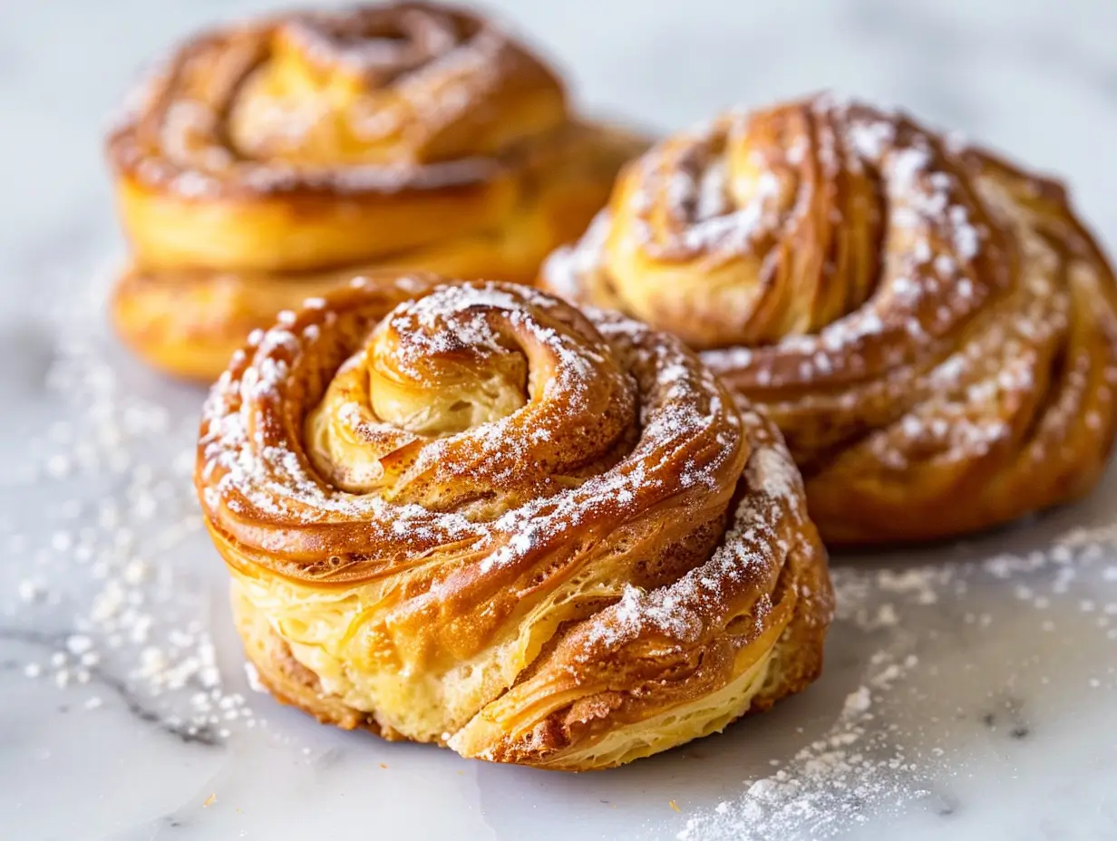 Cinnamon bun rolls recién horneados sobre una mesa de madera con glaseado de queso crema