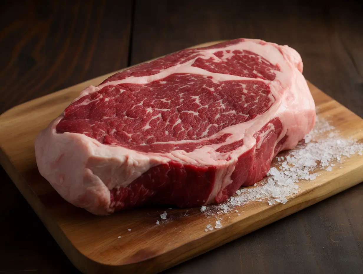 Croca de ternera cruda sobre tabla de cortar en cocina rústica