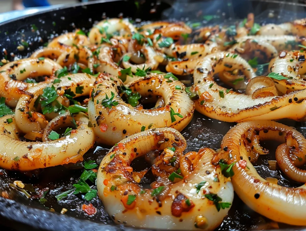 Rejos a la plancha chispeando en plancha caliente con ajo y perejil picado